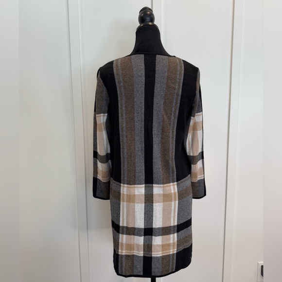 Anne Klein Black Tan Gray Cream Ivory Plaid Cardigan Long Sweater Small S CT - Picture 4 of 5